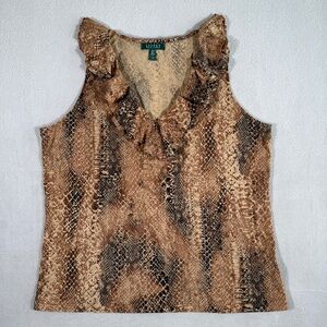 Ralph Lauren Top Womens 2X Brown Snake Print Ruffle V-Neck Sleeveless Tank